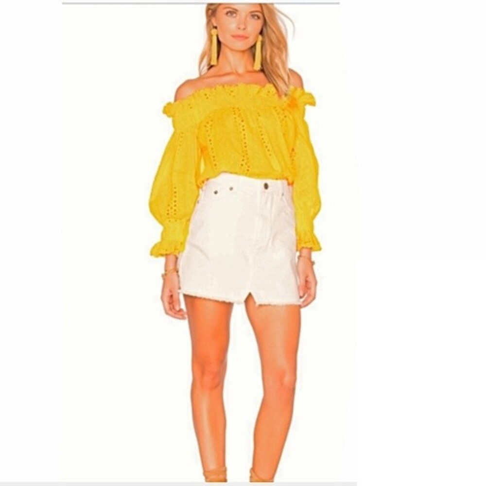 Endless Rose Eyelet Ruffle Off The Shoulder Top Long Sleeve in Mustard M NWOT